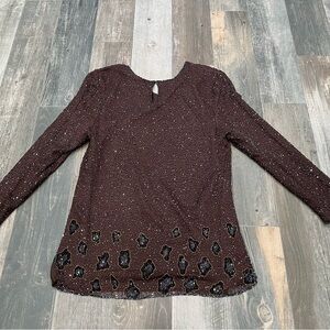 Felicity Animal Inspired Print Beaded Silk Tunic Top V Neck Long Sleeve Sz XL